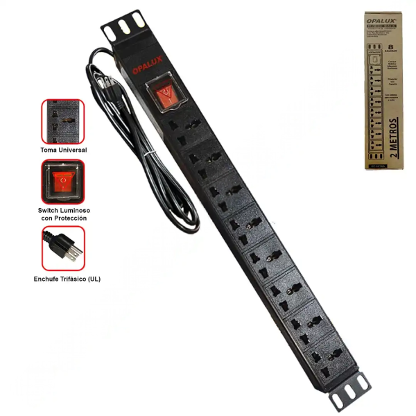 Power Rack PDU 8 tomas multiples 10AMP 1 RU con toma a tierra 1 switch ON/OFF cable 2mts 16AWG “OPALUX” color negro